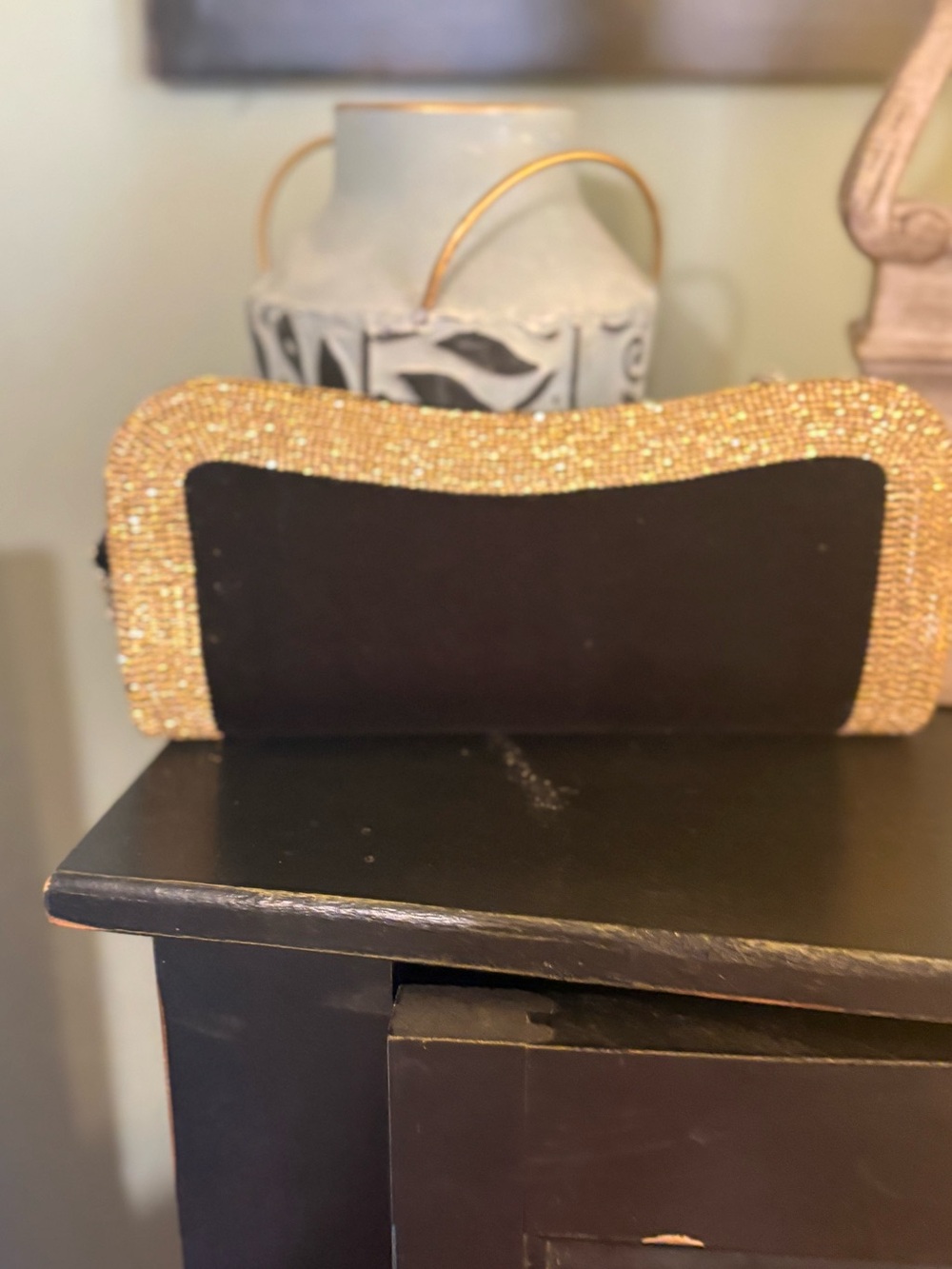 Black Satin Clutch with Gold Beaded Trim